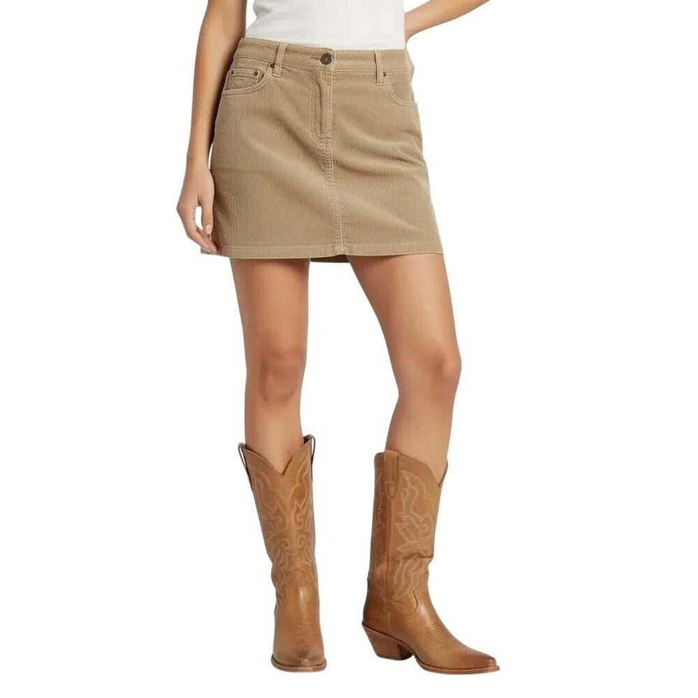 OASIS Tan Corduroy Cord Ribbed 5-Pocket Button Zip Fly A-Line Mini Skirt Size 10 - Picture 1 of 10